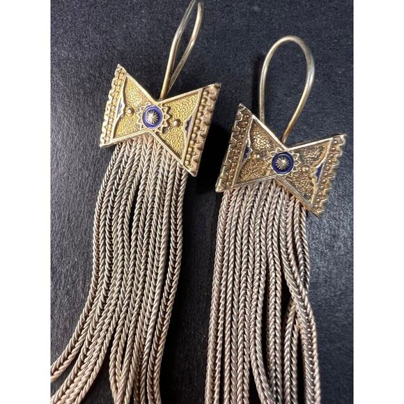 Vintage Turkish sterling silver foxtail fringe enamel bow earrings - Picture 8 of 9